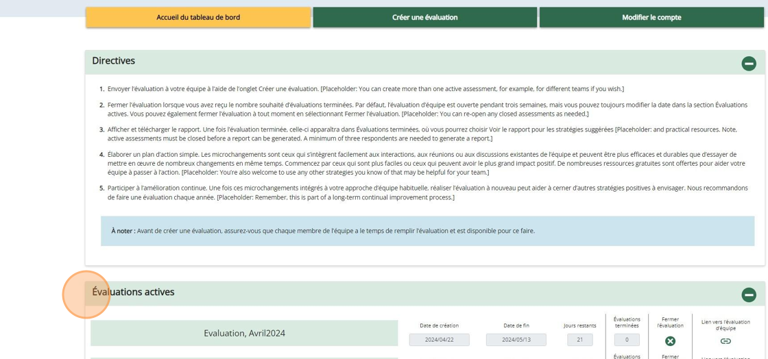 Tableau de bord d’évaluation d’équipe psychologiquement sécuritaire montrant la section Évaluations actives.