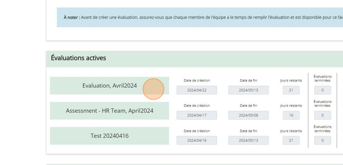 Tableau de bord d’évaluation d’équipe psychologiquement sécuritaire montrant les titres des champs de la section Évaluations actives, soit Date de création, Date de fin, Jours restants et Évaluations terminées.