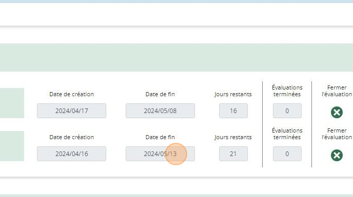 Tableau de bord d’évaluation d’équipe psychologiquement sécuritaire montrant le champ Date de fin dans la section Évaluations actives.