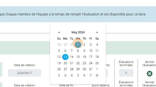 Tableau de bord d’évaluation d’équipe psychologiquement sécuritaire montrant le champ de la date de fin sélectionné et la fenêtre contextuelle du calendrier dans la section Évaluations actives.