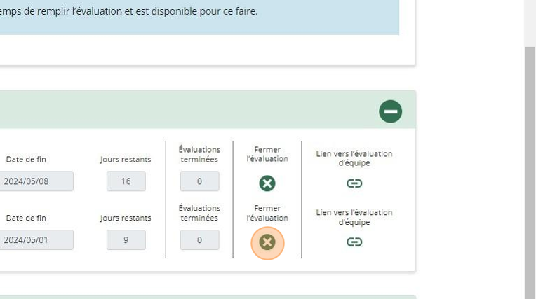 Tableau de bord d’évaluation d’équipe psychologiquement sécuritaire montrant le bouton Fermer l’évaluation dans la section Évaluations actives.