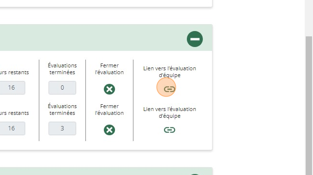 Tableau de bord d’évaluation d’équipe psychologiquement sécuritaire montrant le bouton Lien vers l’évaluation d’équipe dans la section Évaluations actives.