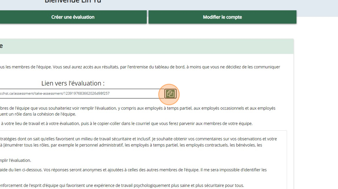 Tableau de bord d’évaluation d’équipe psychologiquement sécuritaire montrant le bouton de copie à côté du lien unique vers l’évaluation.