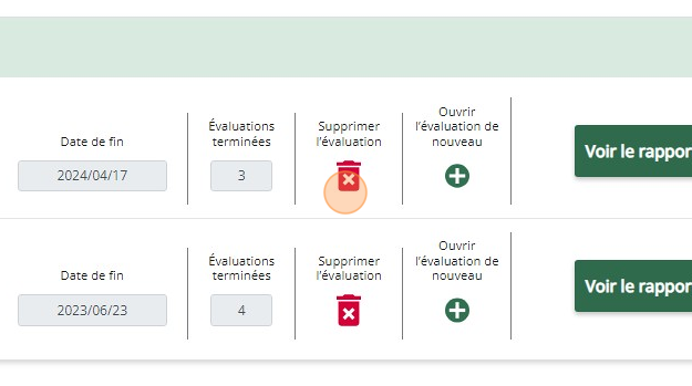 Tableau de bord d’évaluation d’équipe psychologiquement sécuritaire montrant le bouton Supprimer l’évaluation dans la section Évaluations terminées.