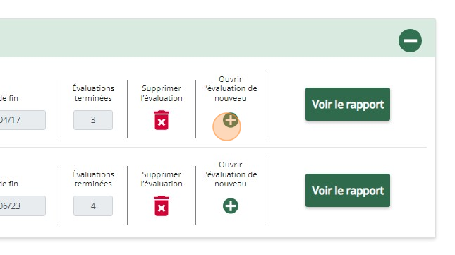 Tableau de bord d’évaluation d’équipe psychologiquement sécuritaire montrant le bouton Ouvrir l’évaluation de nouveau dans la section Évaluations terminées.