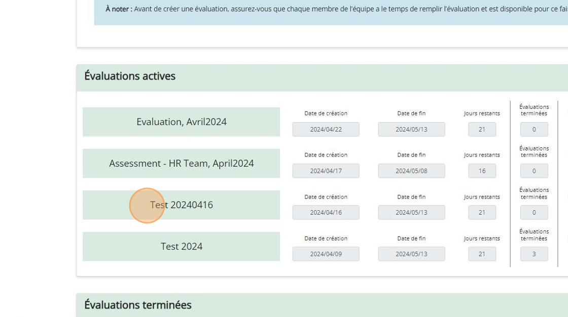 Tableau de bord d’évaluation d’équipe psychologiquement sécuritaire montrant une évaluation active qui a été ouverte de nouveau et déplacée de la section Évaluations terminées.