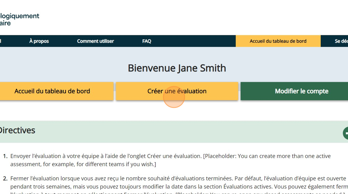 Tableau de bord d’évaluation d’équipe psychologiquement sécuritaire dont l’onglet Créer une évaluation est sélectionné.