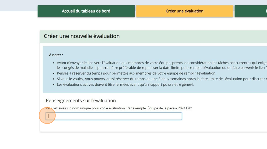 Tableau de bord d’évaluation d’équipe psychologiquement sécuritaire dont le champ du Nom de l’évaluation est sélectionné.