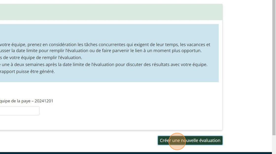 Tableau de bord d’évaluation d’équipe psychologiquement sécuritaire dont le bouton Créer une nouvelle évaluation est sélectionné.