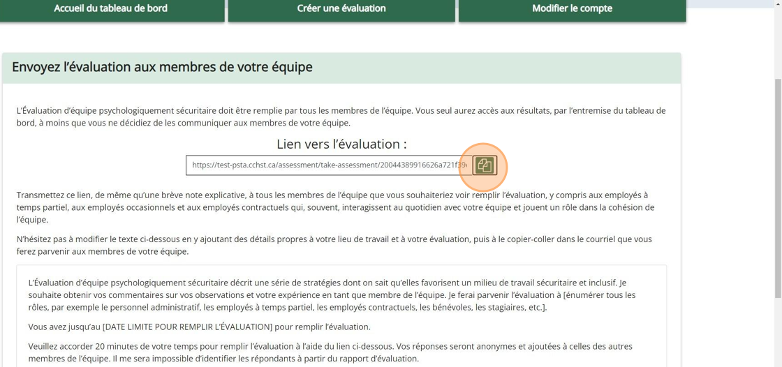 Tableau de bord d’évaluation d’équipe psychologiquement sécuritaire montrant le lien d’évaluation unique.