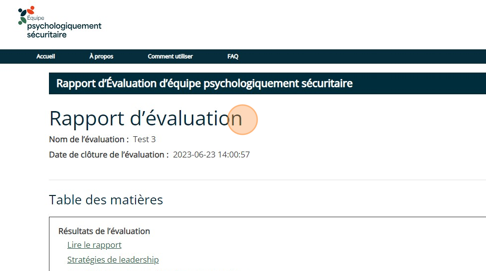 Tableau de bord d’évaluation d’équipe psychologiquement sécuritaire montrant la version en ligne du rapport d’évaluation.