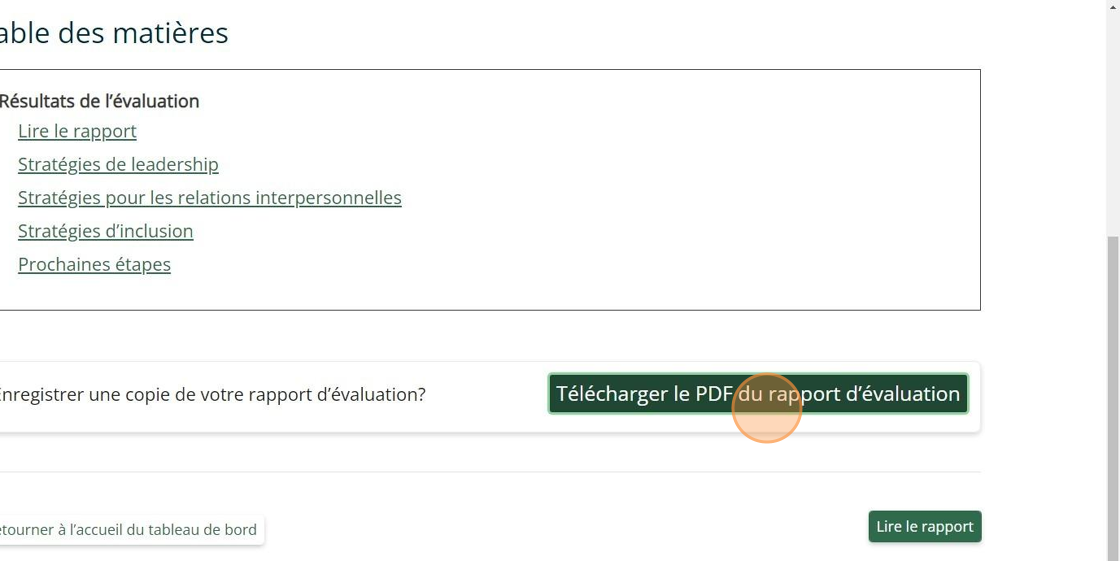 Tableau de bord d’évaluation d’équipe psychologiquement sécuritaire montrant le bouton Télécharger le PDF du rapport d’évaluation.