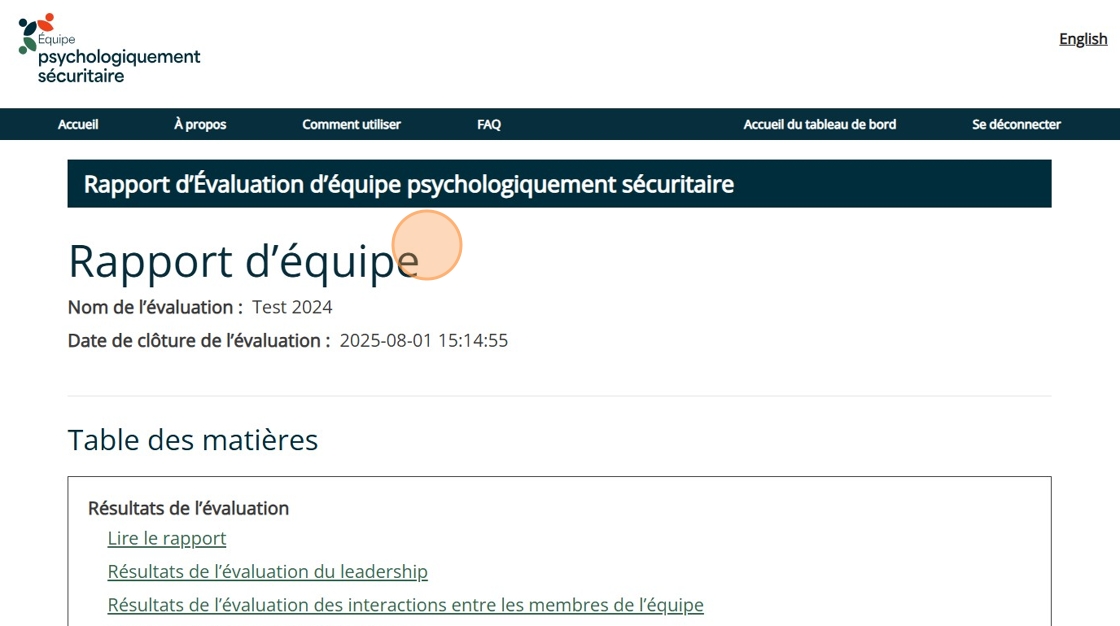 Tableau de bord d’évaluation d’équipe psychologiquement sécuritaire montrant la version en ligne du rapport d’équipe.