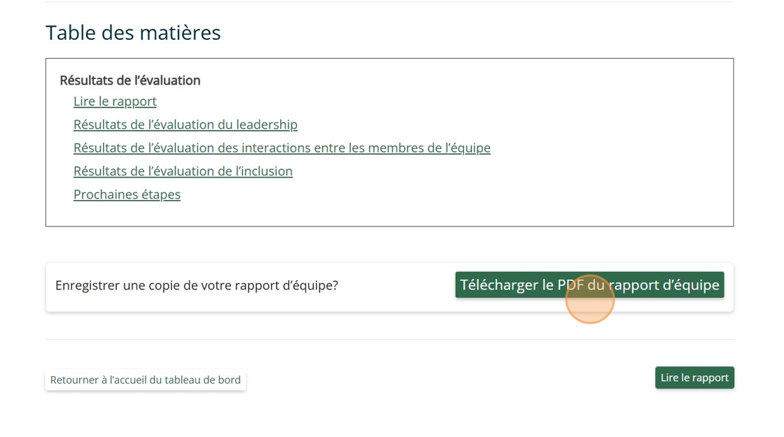 Tableau de bord d’évaluation d’équipe psychologiquement sécuritaire montrant le bouton Télécharger le PDF du rapport d’équipe.